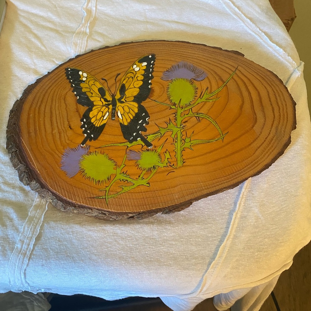 Vintage style Butterfly Floral Wood Slice Art